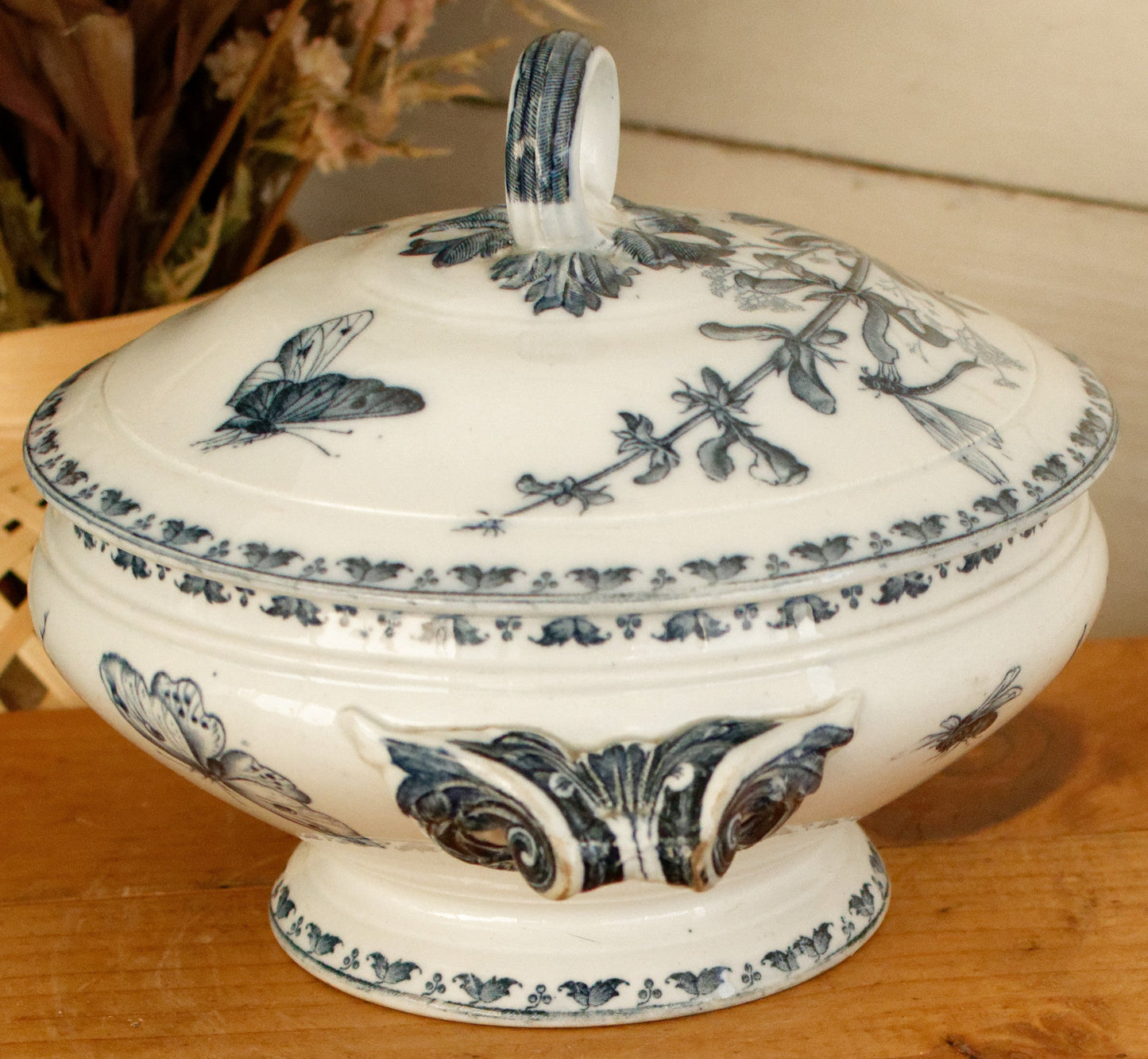 CARMEN Sarreguemines U&C French Antique Ironstone Blue Transferware Small Soup Tureen Soupiere Terre de Fer Faience