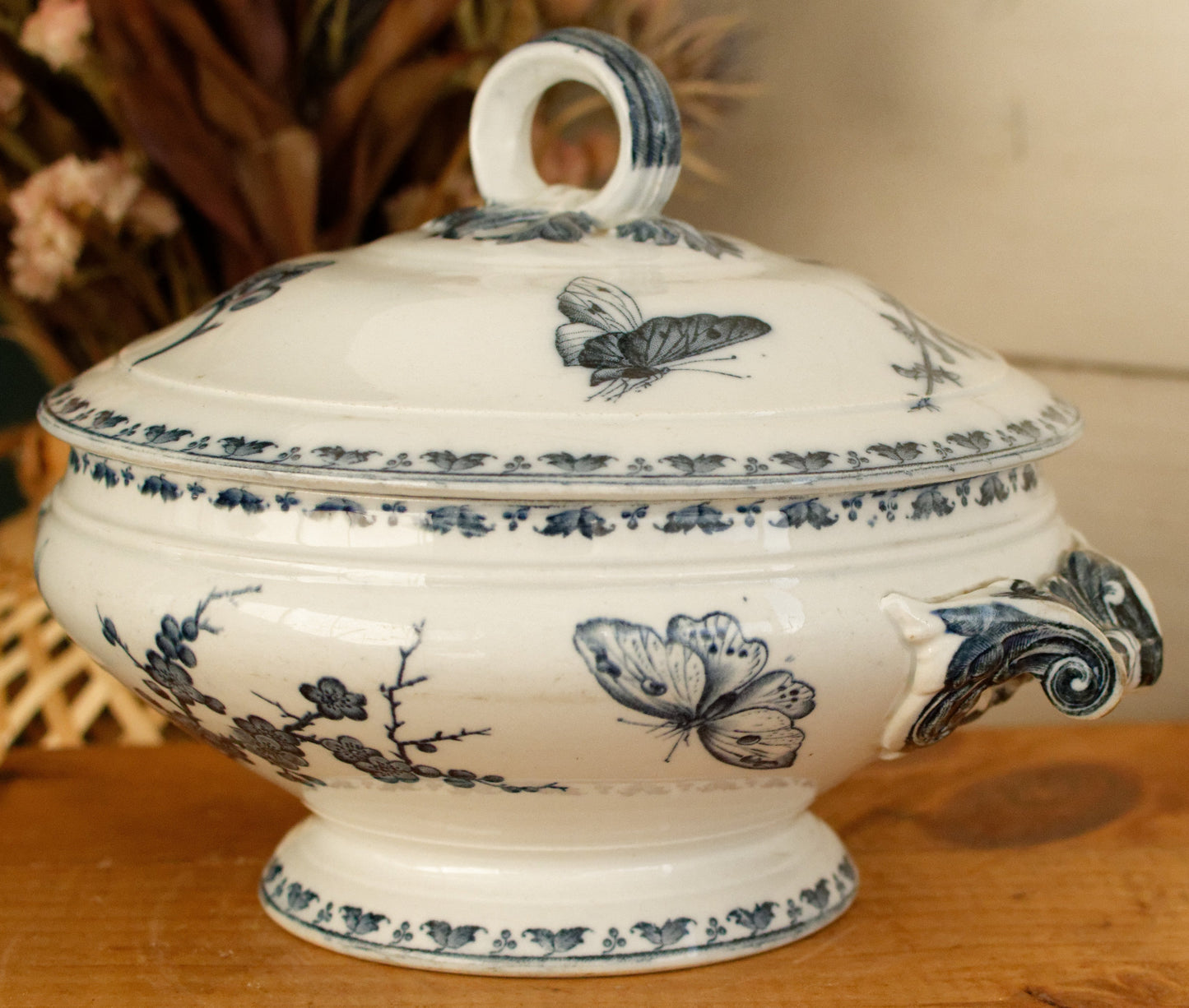 CARMEN Sarreguemines U&C French Antique Ironstone Blue Transferware Small Soup Tureen Soupiere Terre de Fer Faience
