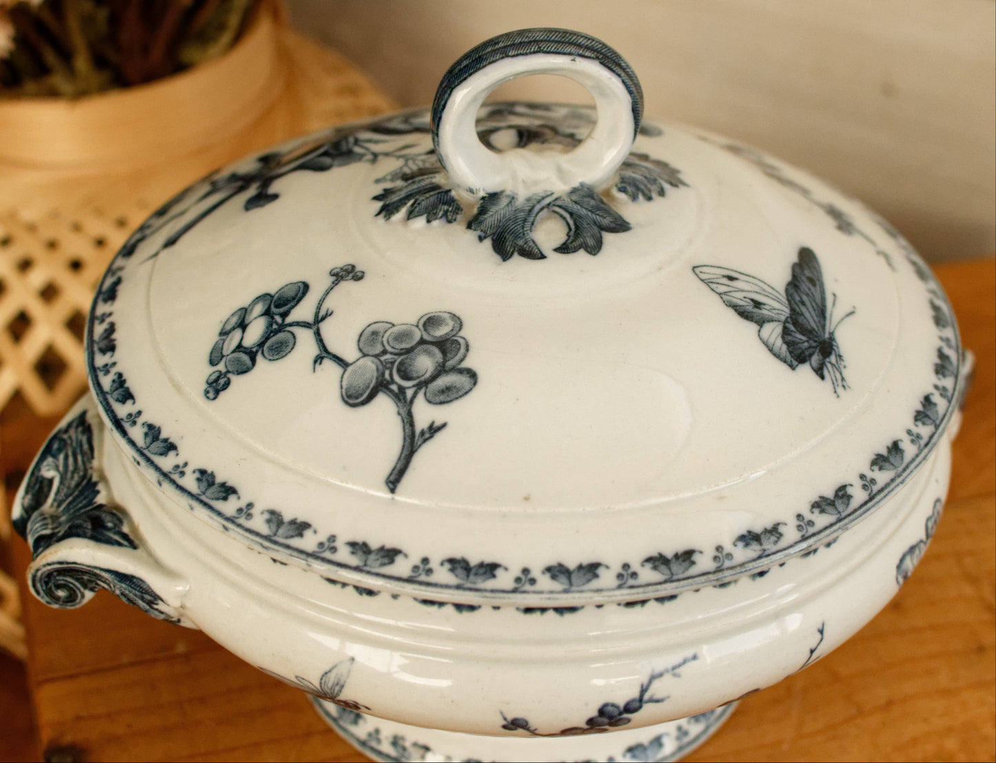 CARMEN Sarreguemines U&C French Antique Ironstone Blue Transferware Small Soup Tureen Soupiere Terre de Fer Faience