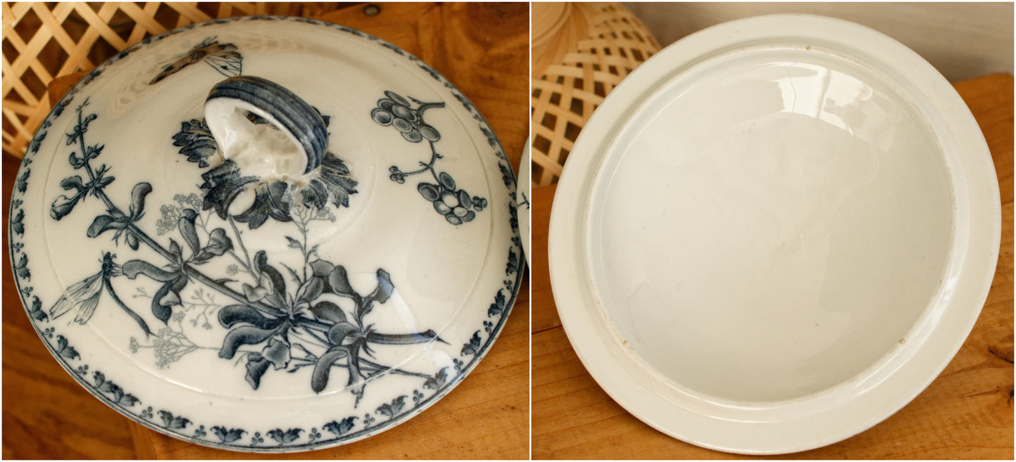 CARMEN Sarreguemines U&C French Antique Ironstone Blue Transferware Small Soup Tureen Soupiere Terre de Fer Faience