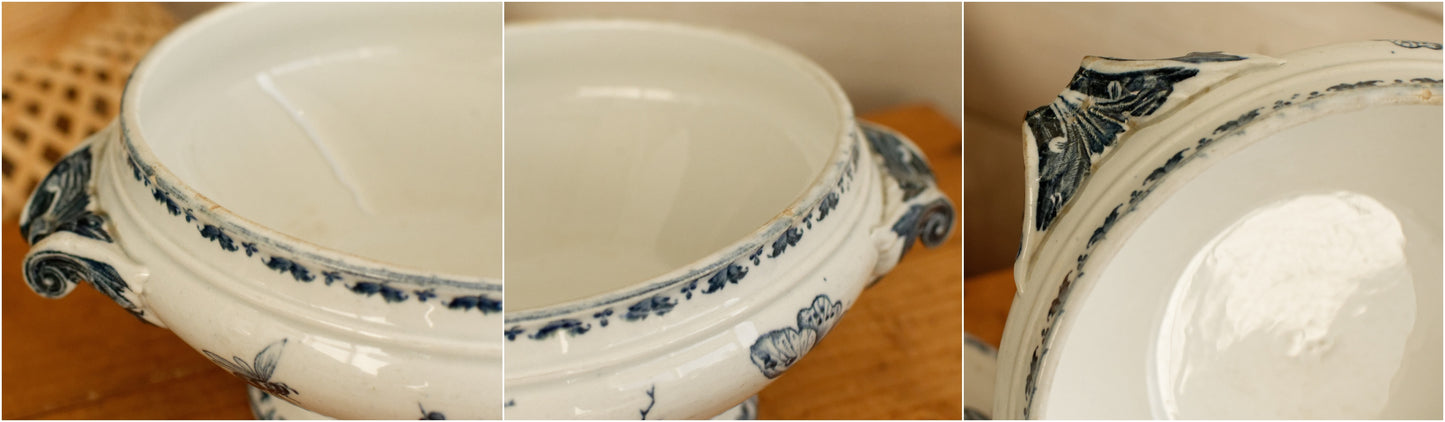 1920s ~ "CARMEN" Sarreguemines U&C ~ French Antique Ironstone Blue Transferware Small Soup Tureen "Soupiere" ~ Terre de Fer Faience