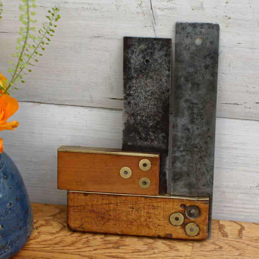 Antique Carpenter Wood and Metal Square Bevel Set of 2 Vintage Forged Steel Farmhouse Manual Tool