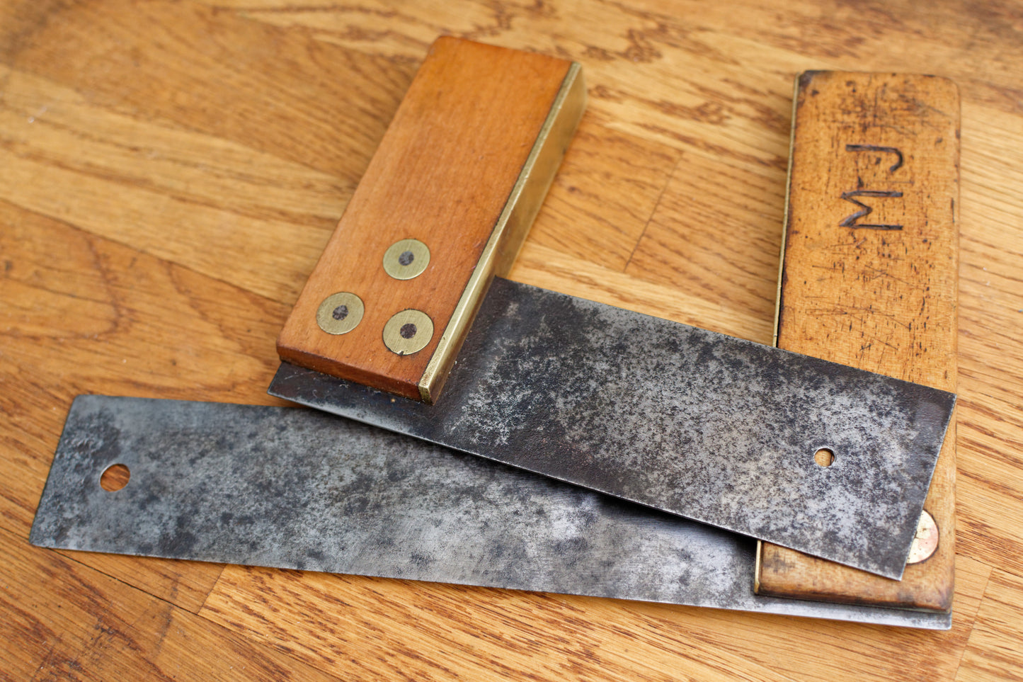 Antique Carpenter Wood and Metal Square Bevel Set of 2 Vintage Forged Steel Farmhouse Manual Tool