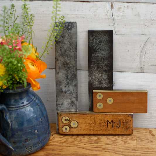Antique Carpenter Wood and Metal Square Bevel Set of 2 Vintage Forged Steel Farmhouse Manual Tool