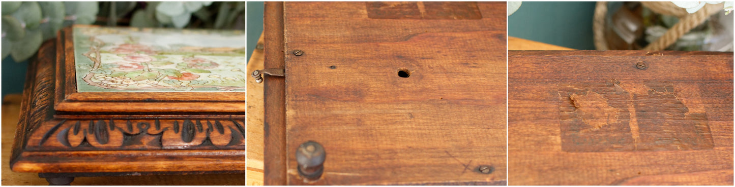 1920s French Antique Ceramic Tile Trivet Hot Plate with Hand-Carved Footed Wooden Base "Trépied Dessous de Plat en Faience" former music box