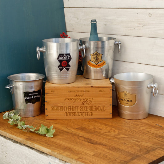 French Vintage CHAMPAGNE Ice Bucket MOET & CHANDON MERCIER Epernay CANARD DUCHENE CLICQUOT VEUVE Clicquot PonsardinAluminum Advertising Bucket Cooler Chiller SEAU Bar Accessories Made in France