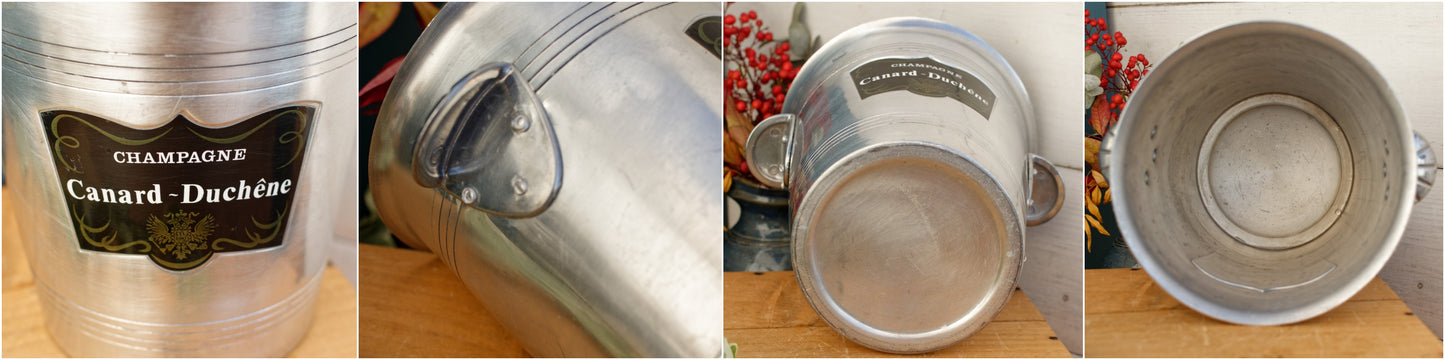 French Vintage CHAMPAGNE Ice Bucket MOET & CHANDON MERCIER Epernay CANARD DUCHENE CLICQUOT VEUVE Clicquot PonsardinAluminum Advertising Bucket Cooler Chiller SEAU Bar Accessories Made in France