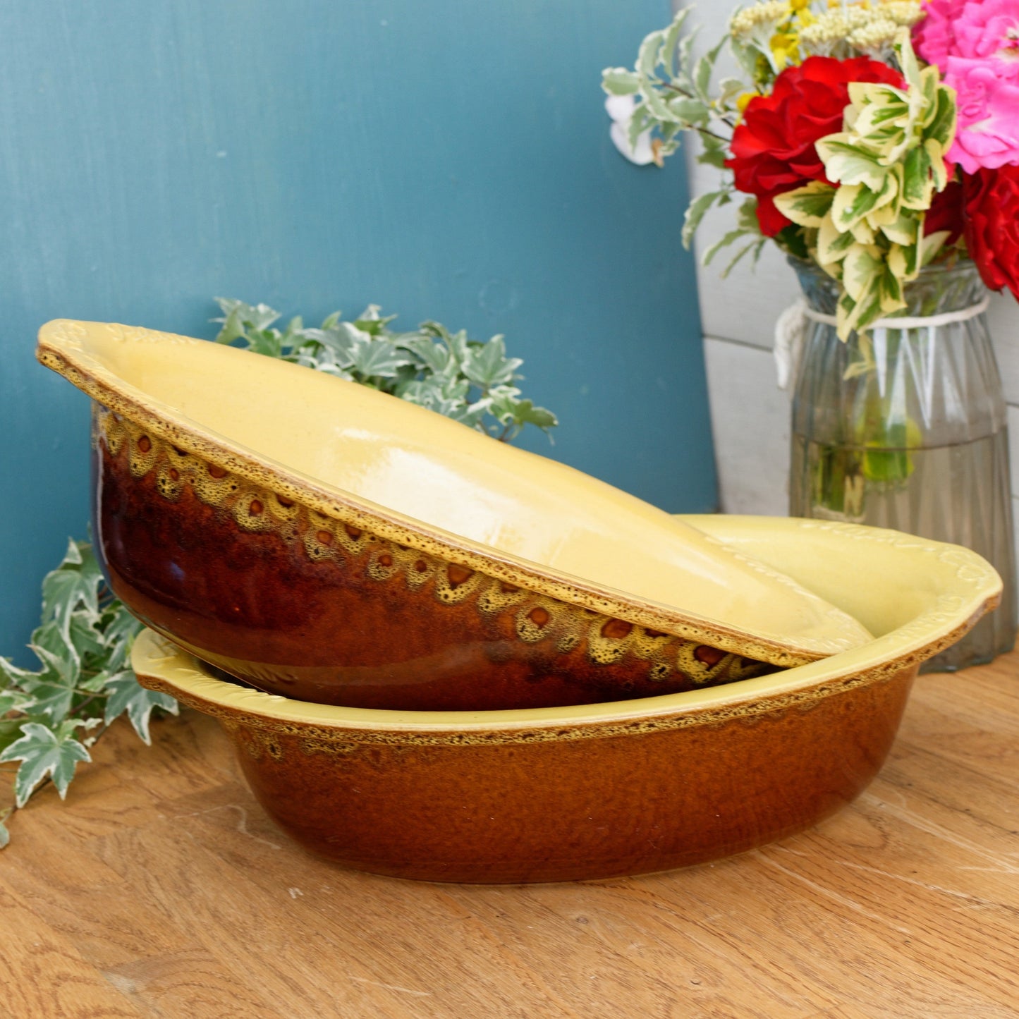 Français vintage « Charcuterie de Porc Fermier » Plat de cocotte ovale en grès céramique émaillé ~ Poêle à gratin en grès émaillé