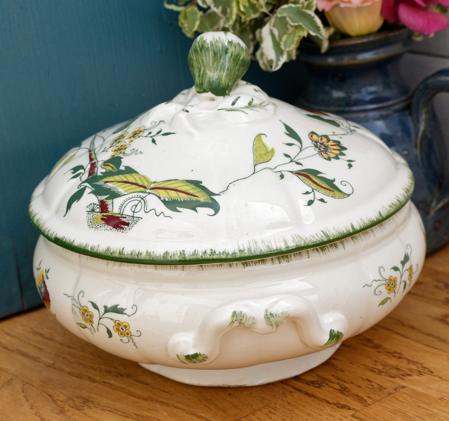 CLARENCE SARREGUEMINES France Decor Garanti inalterable French Vintage Hand-Painted Ironstone Polychrome Soup Tureen "Soupiere"