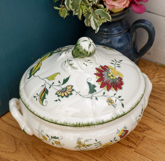 CLARENCE SARREGUEMINES France Decor Garanti inalterable French Vintage Hand-Painted Ironstone Polychrome Soup Tureen "Soupiere"