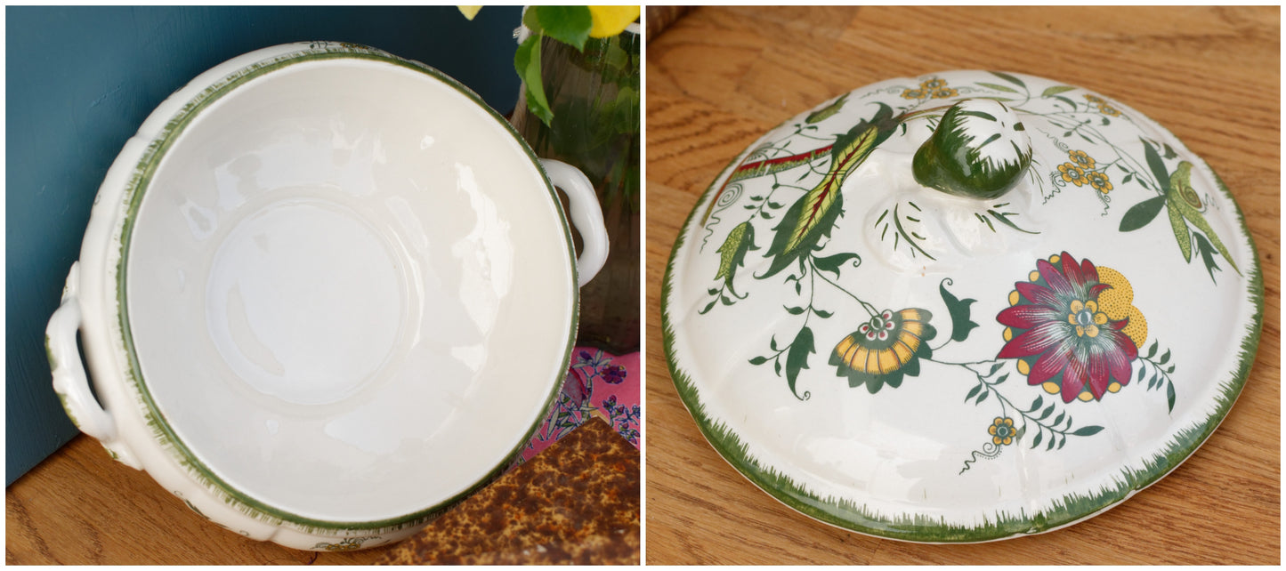 CLARENCE SARREGUEMINES France Decor Garanti inalterable French Vintage Hand-Painted Ironstone Polychrome Soup Tureen "Soupiere" Terre de fer en Faience