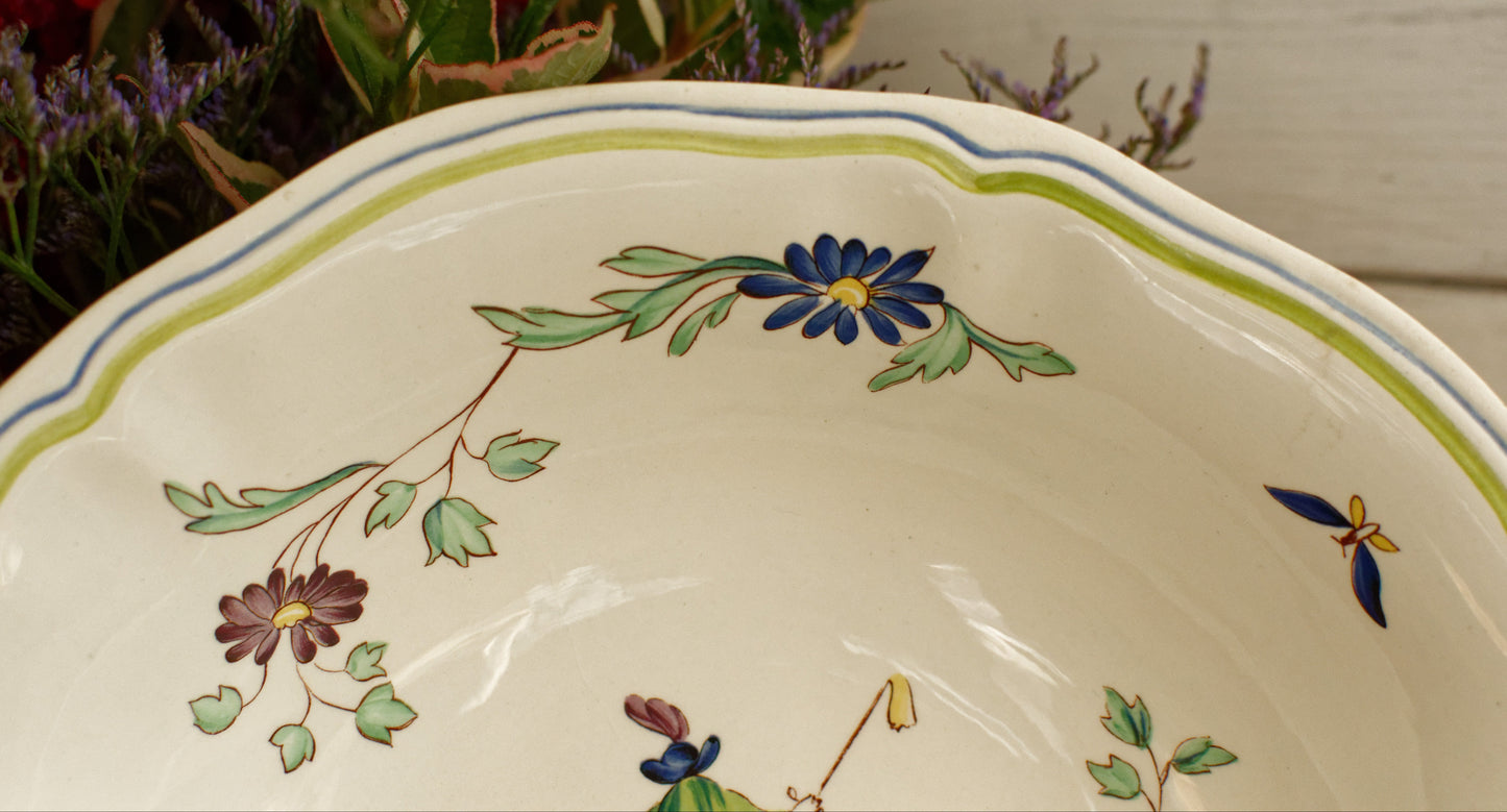 French Vintage Hand-Painted Collectible Ironstone Moustiers Footed Fruit Bowl Compotier Terre de Fer en Faience