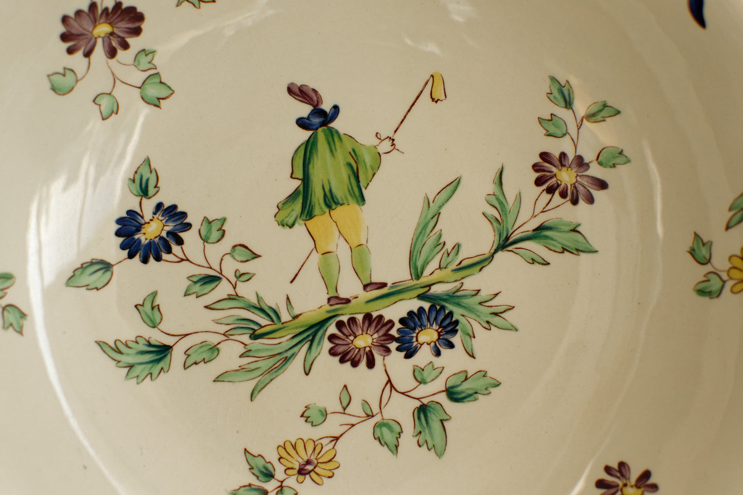 French Vintage Hand-Painted Collectible Ironstone Moustiers Footed Fruit Bowl Compotier Terre de Fer en Faience