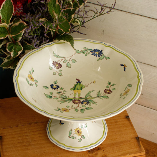 French Vintage Hand-Painted Collectible Ironstone Moustiers Footed Fruit Bowl Compotier Terre de Fer en Faience