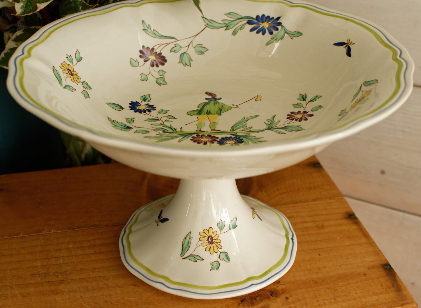 French Vintage Hand-Painted Collectible Ironstone Moustiers Footed Fruit Bowl Compotier Terre de Fer en Faience