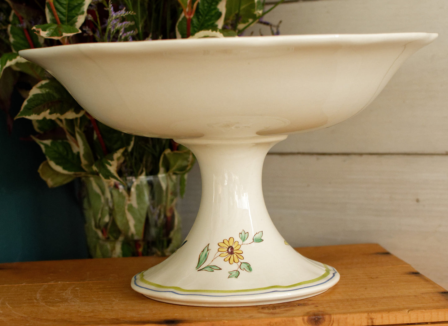 French Vintage Hand-Painted Collectible Ironstone Moustiers Footed Fruit Bowl Compotier Terre de Fer en Faience