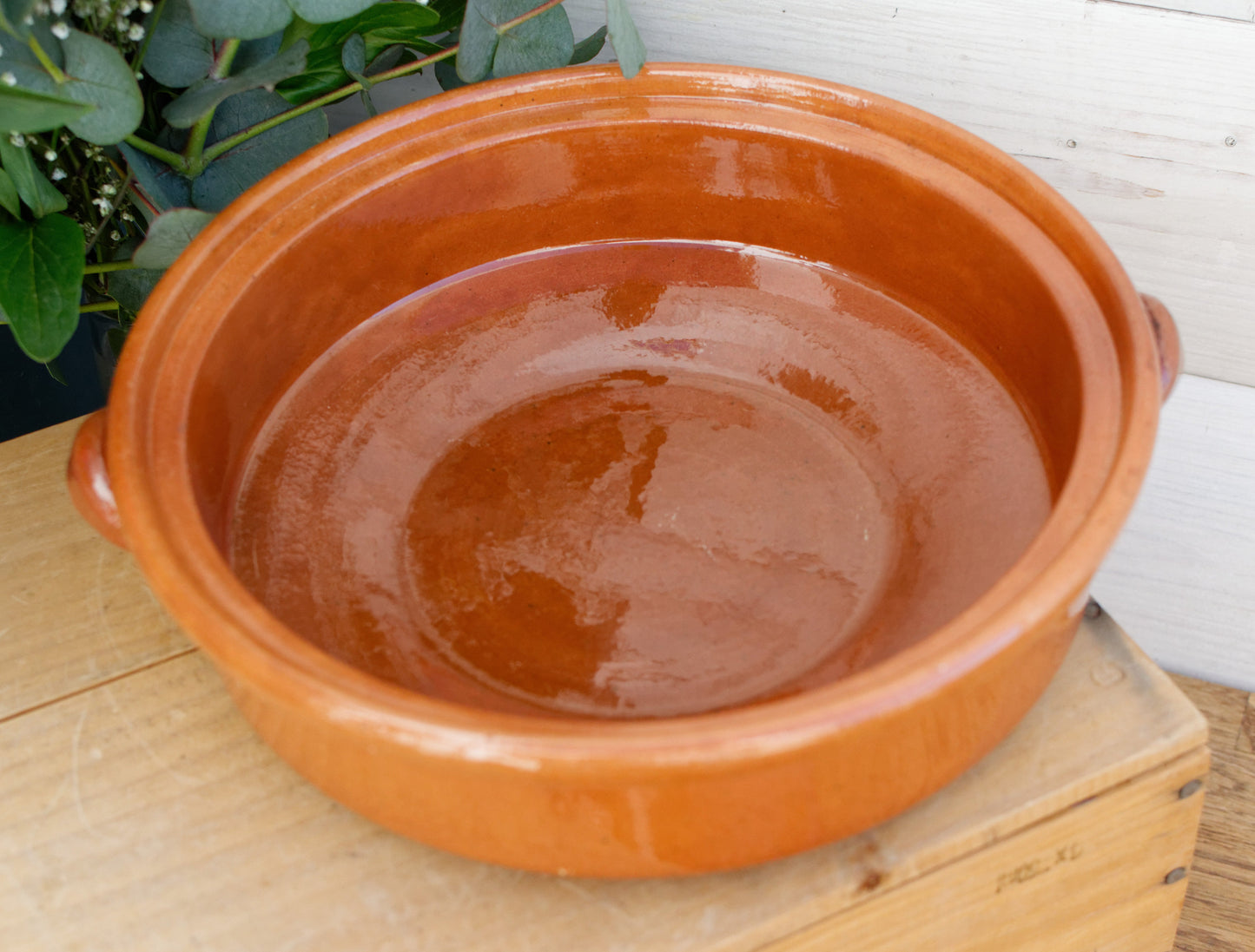 1950s French Vintage Stoneware Casserole Dish with Cover Glazed Enameled Ceramic Round Flat Serving Pan with side Handles Terra Cotta Terre Cuite Sandstone