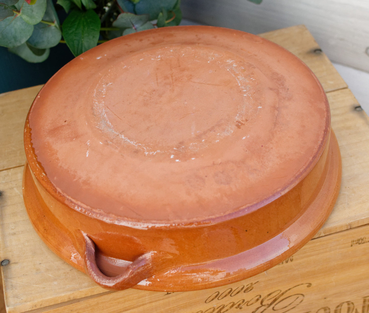 1950s French Vintage Stoneware Casserole Dish with Cover Glazed Enameled Ceramic Round Flat Serving Pan with side Handles Terra Cotta Terre Cuite Sandstone