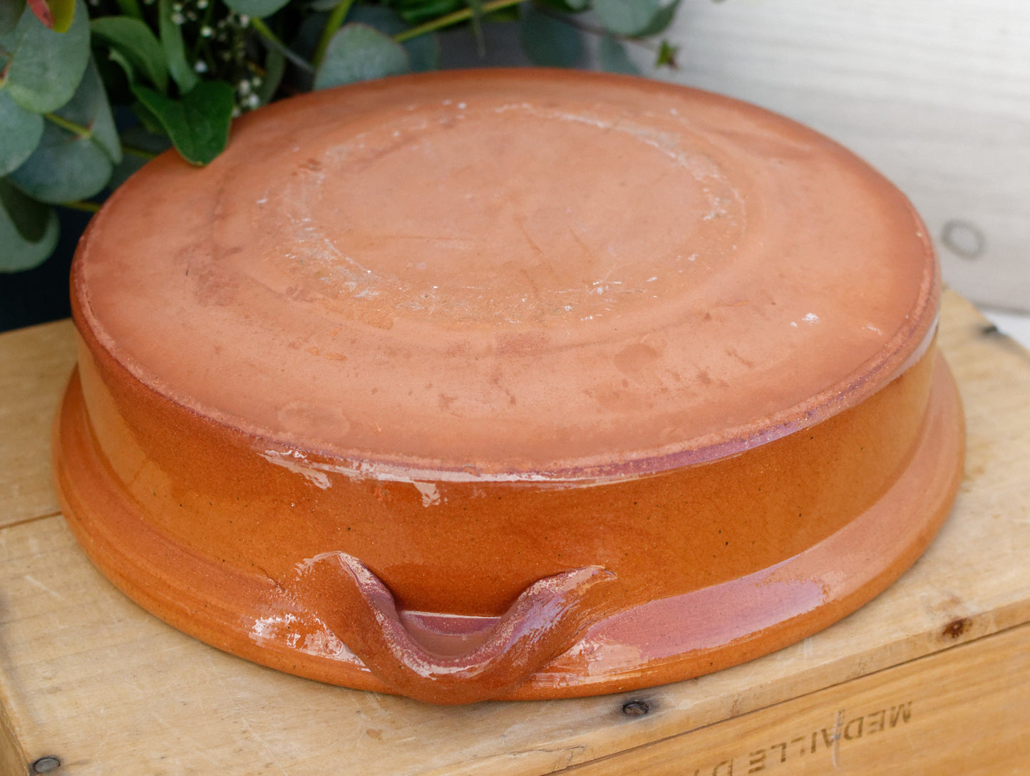 1950s French Vintage Stoneware Casserole Dish with Cover Glazed Enameled Ceramic Round Flat Serving Pan with side Handles Terra Cotta Terre Cuite Sandstone