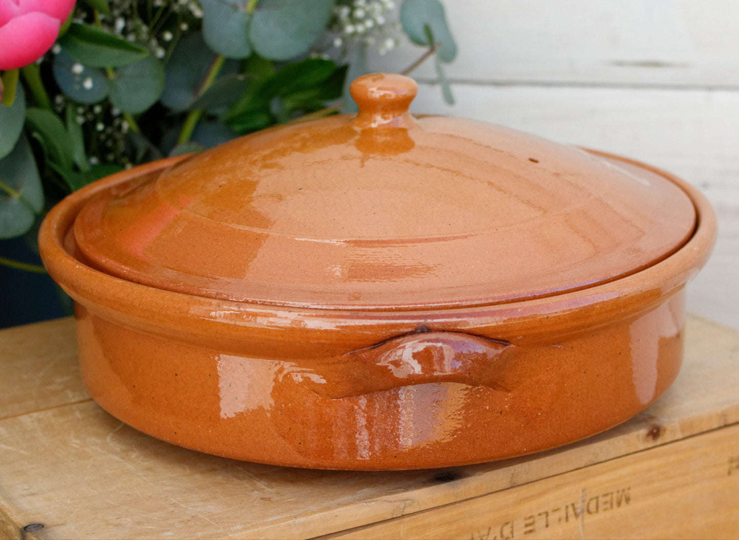 1950s French Vintage Stoneware Casserole Dish with Cover Glazed Enameled Ceramic Round Flat Serving Pan with side Handles Terra Cotta Terre Cuite Sandstone