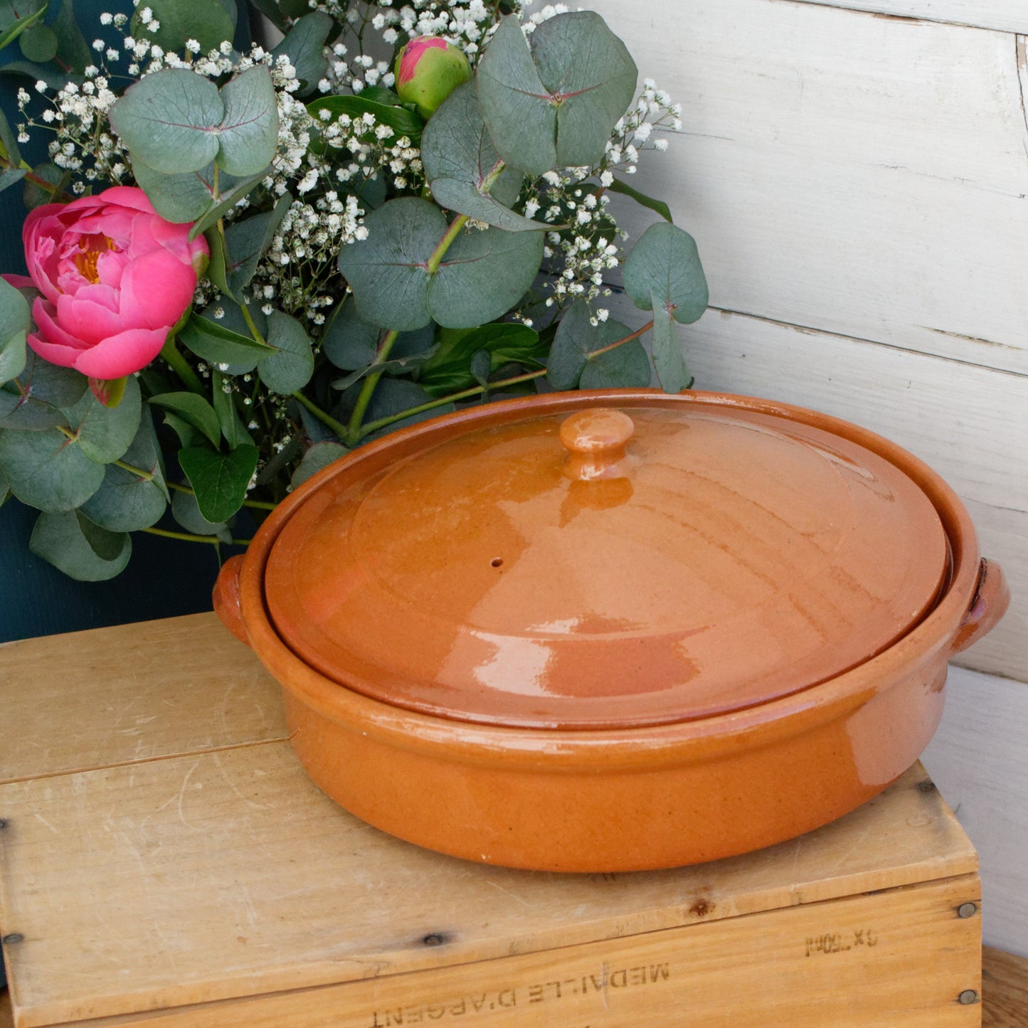 1950s French Vintage Stoneware Casserole Dish with Cover Glazed Enameled Ceramic Round Flat Serving Pan with side Handles Terra Cotta Terre Cuite Sandstone