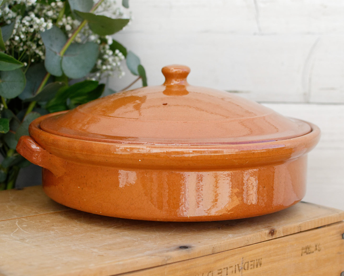 1950s French Vintage Stoneware Casserole Dish with Cover Glazed Enameled Ceramic Round Flat Serving Pan with side Handles Terra Cotta Terre Cuite Sandstone