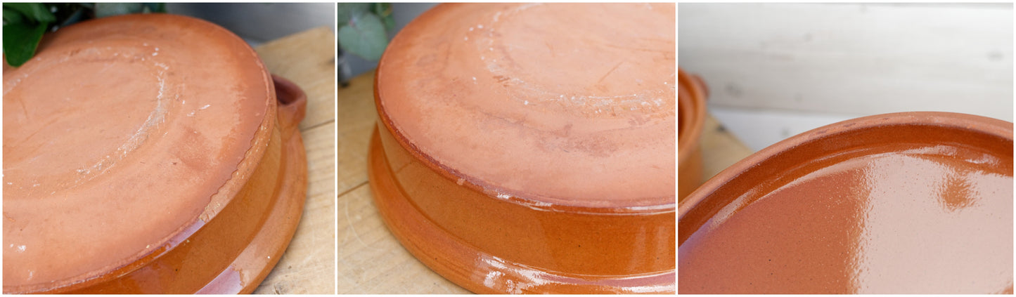 1950s French Vintage Stoneware Casserole Dish with Cover Glazed Enameled Ceramic Round Flat Serving Pan with side Handles Terra Cotta Terre Cuite Sandstone