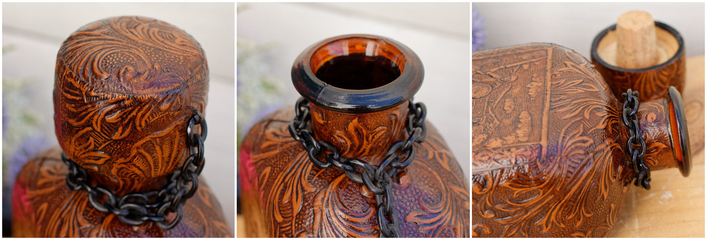 Vintage Collectible Leather Covered Spanish Liquor Bottle Decanter ~Vieux Calvados ~ Incribed EN ESTAS RAZONES ESTABON