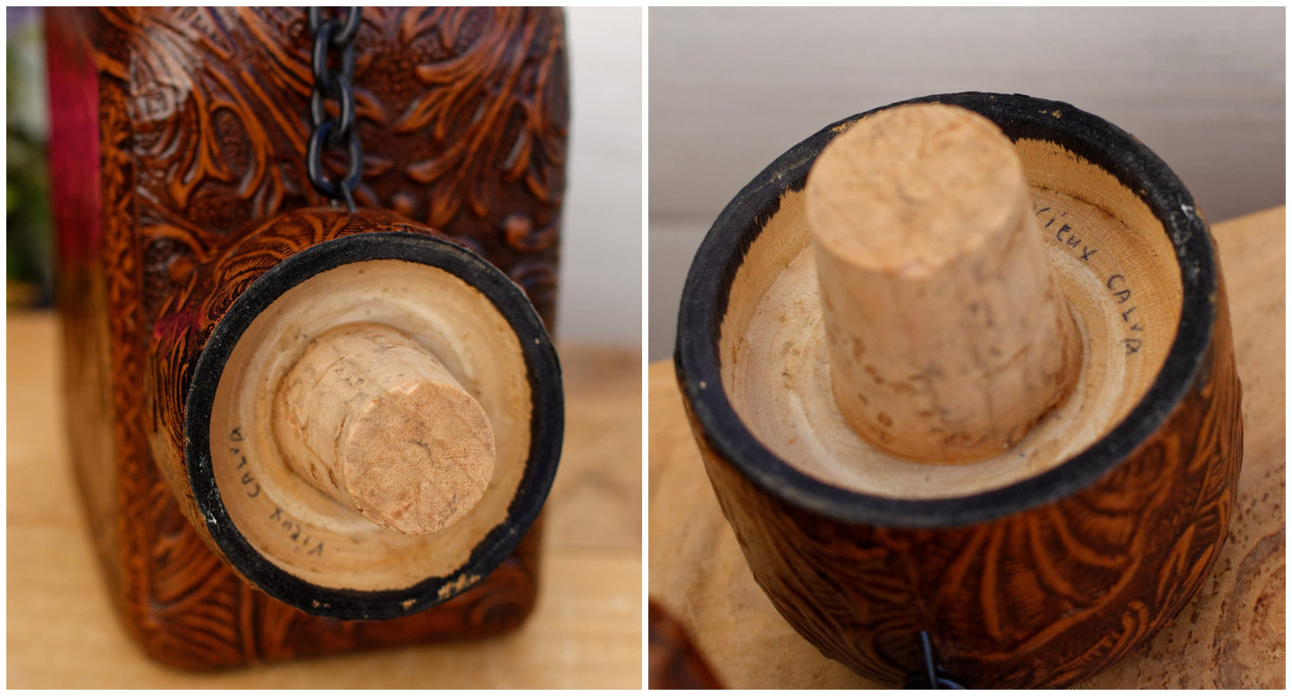 Vintage Collectible Leather Covered Spanish Liquor Bottle Decanter ~Vieux Calvados ~ Incribed EN ESTAS RAZONES ESTABON