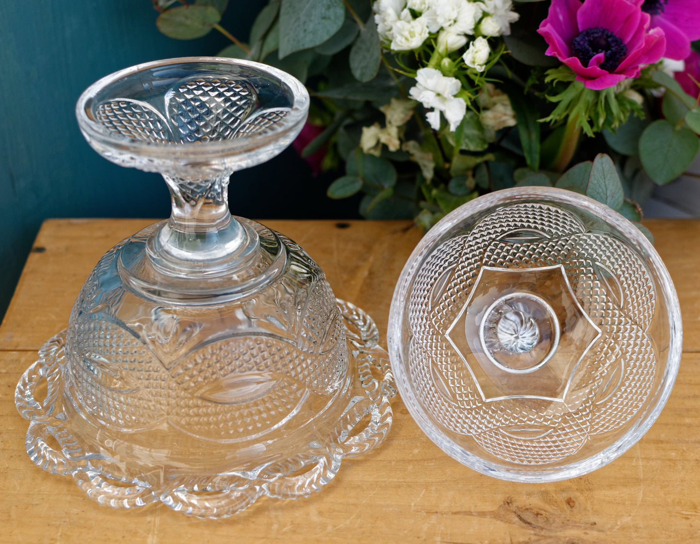 French Vintage Pressed Glassware Lidded Pedestal Candy Dish