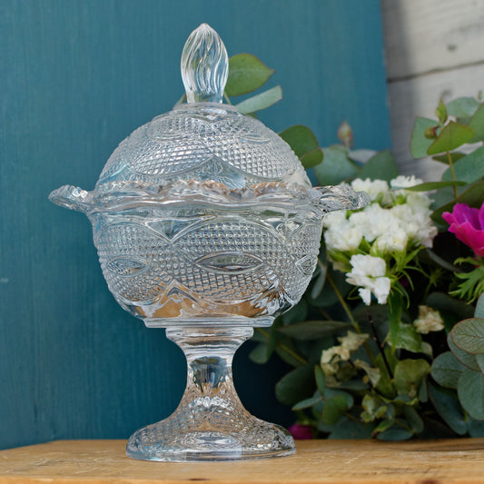 French Vintage Pressed Glassware Lidded Pedestal Candy Dish