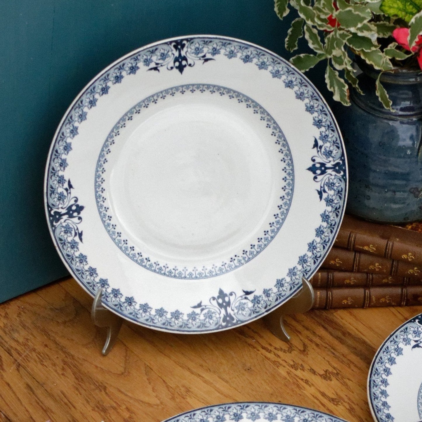 Dahomey Sarreguemines U&C French Antique Ironstone Blue transferware Dinner Plate Terre de Fer Faience