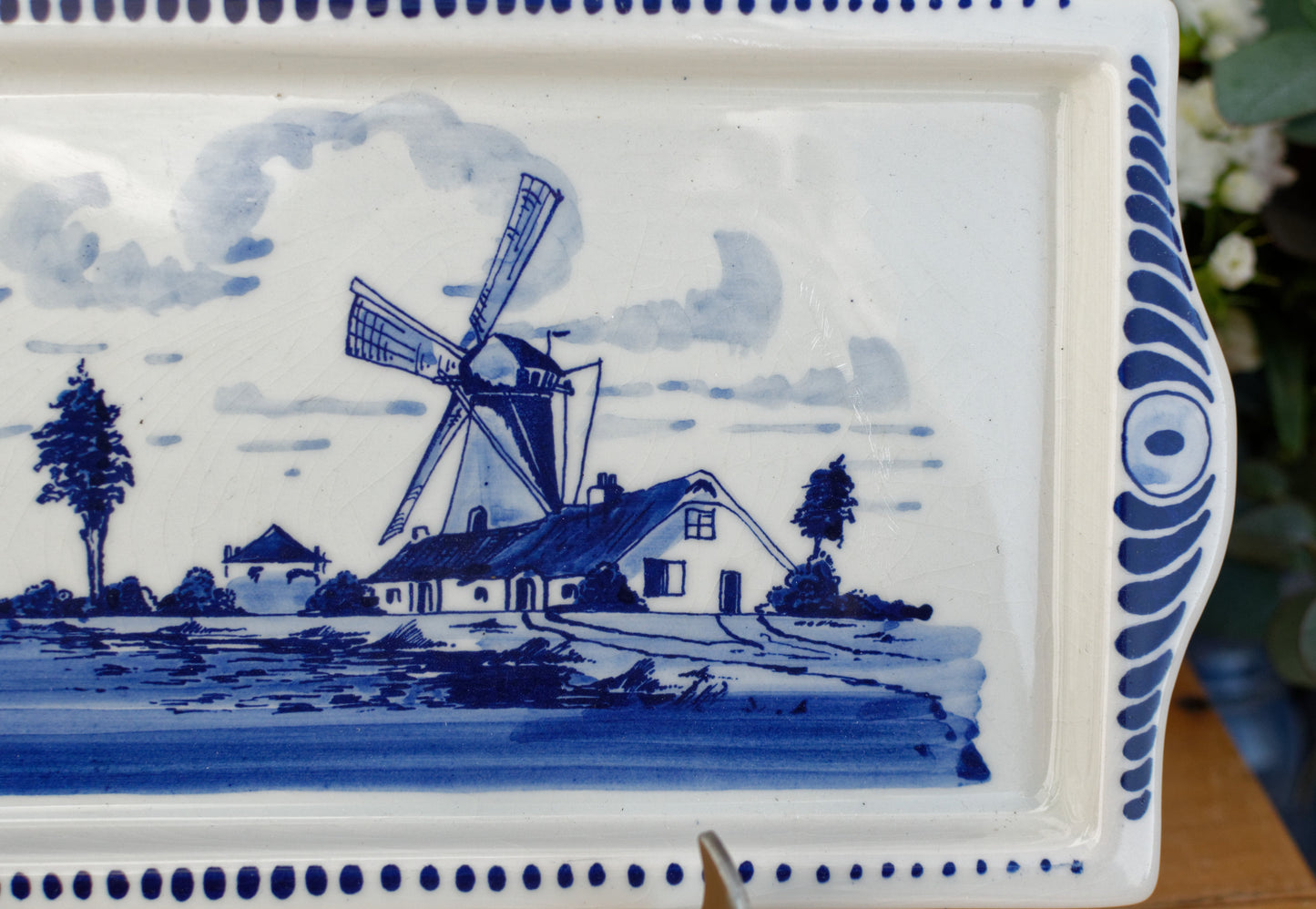 DELFT Blue Made in Holland Vintage Rectangle Cake Appetizer Serving Plate with side handles