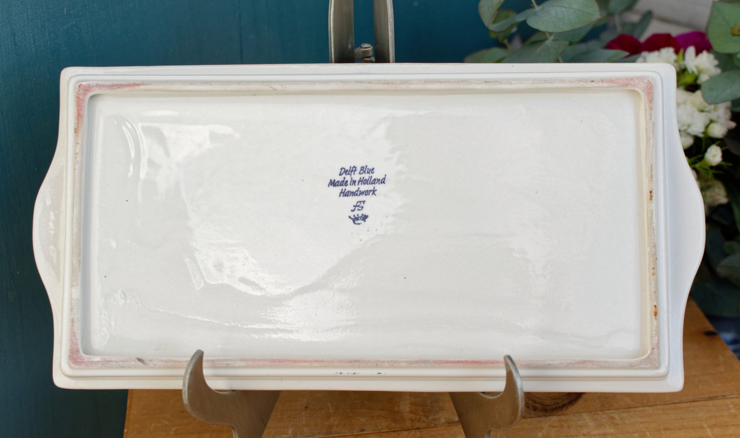 DELFT Blue Made in Holland Vintage Rectangle Cake Appetizer Serving Plate with side handles