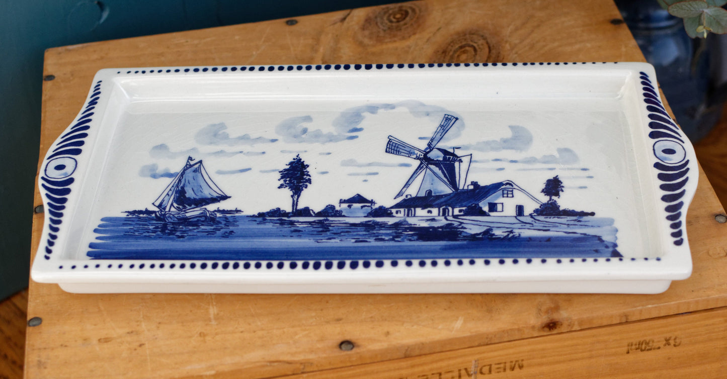 DELFT Blue Made in Holland Vintage Rectangle Cake Appetizer Serving Plate with side handles