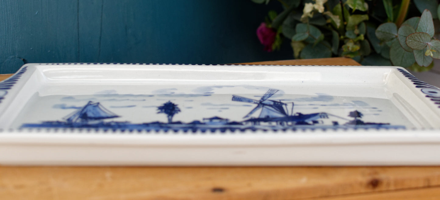 DELFT Blue Made in Holland Vintage Rectangle Cake Appetizer Serving Plate with side handles