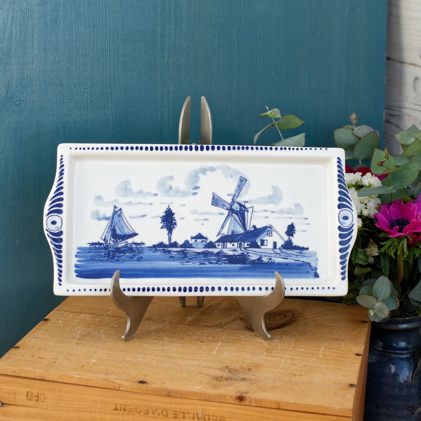 DELFT Blue Made in Holland Vintage Rectangle Cake Appetizer Serving Plate with side handles