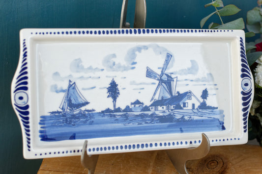 DELFT Blue Made in Holland Vintage Rectangle Cake Appetizer Serving Plate with side handles