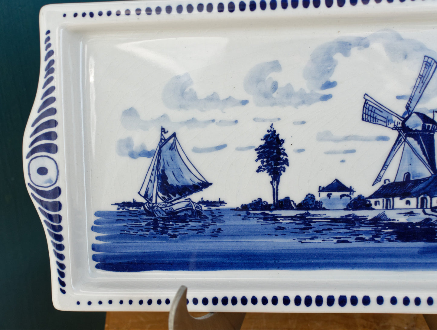 DELFT Blue Made in Holland Vintage Rectangle Cake Appetizer Serving Plate with side handles