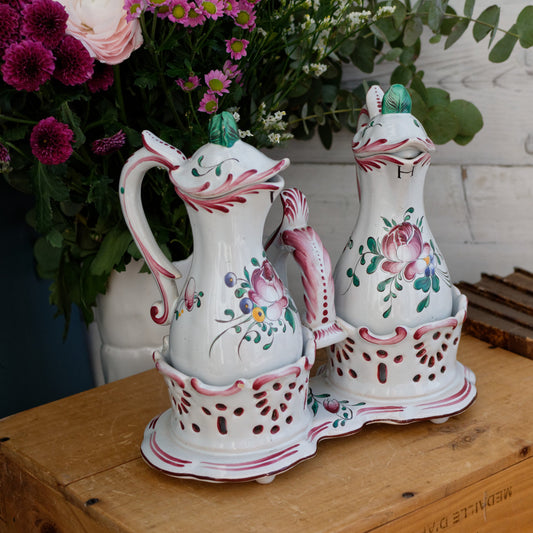 French Vintage Ironstone Hand-Painted Olive Oil & Vinegar Serving Set Faience Terre de Fer