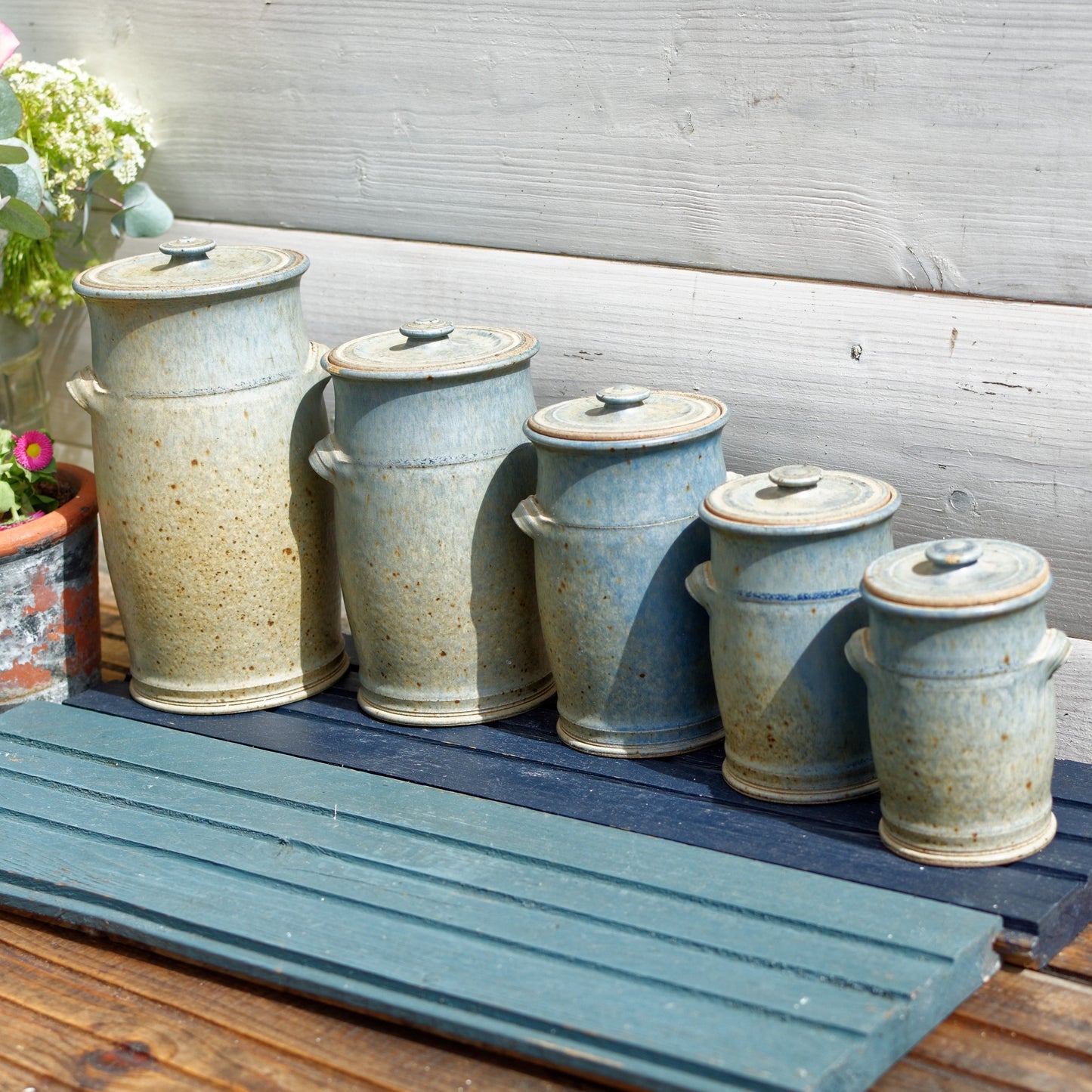 French Handmade Wood Fired Clay Pots Set of 5 Ceramic Lidded Jars