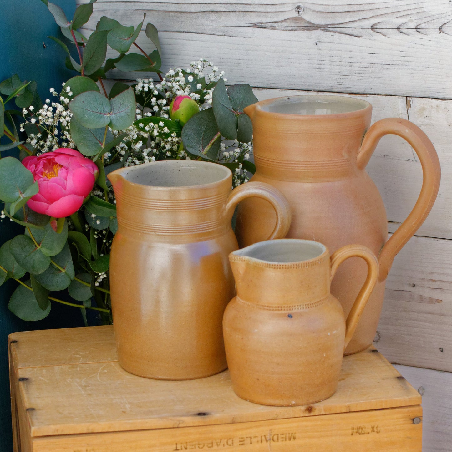 1960s GRES du BERRY Fait Maison Made in France French Vintage Stoneware Clay Pitcher Set of 3 Glazed Sandstone Stoneware Handmade TerraCotta Jug Jarre Cruche Farmhouse Decor