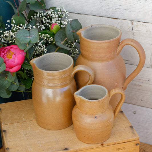 1960s GRES du BERRY Fait Maison Made in France French Vintage Stoneware Clay Pitcher Set of 3 Glazed Sandstone Stoneware Handmade TerraCotta Jug Jarre Cruche Farmhouse Decor