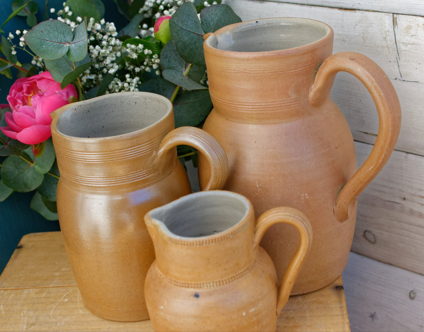 1960s GRES du BERRY Fait Maison Made in France French Vintage Stoneware Clay Pitcher Set of 3 Glazed Sandstone Stoneware Handmade TerraCotta Jug Jarre Cruche Farmhouse Decor