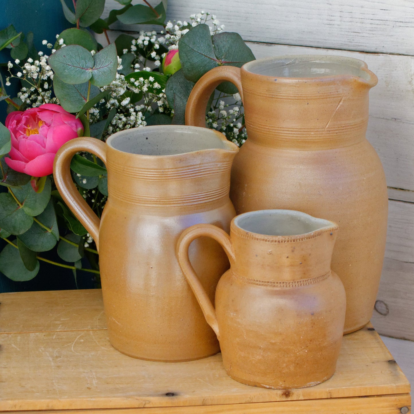1960s GRES du BERRY Fait Maison Made in France French Vintage Stoneware Clay Pitcher Set of 3 Glazed Sandstone Stoneware Handmade TerraCotta Jug Jarre Cruche Farmhouse Decor