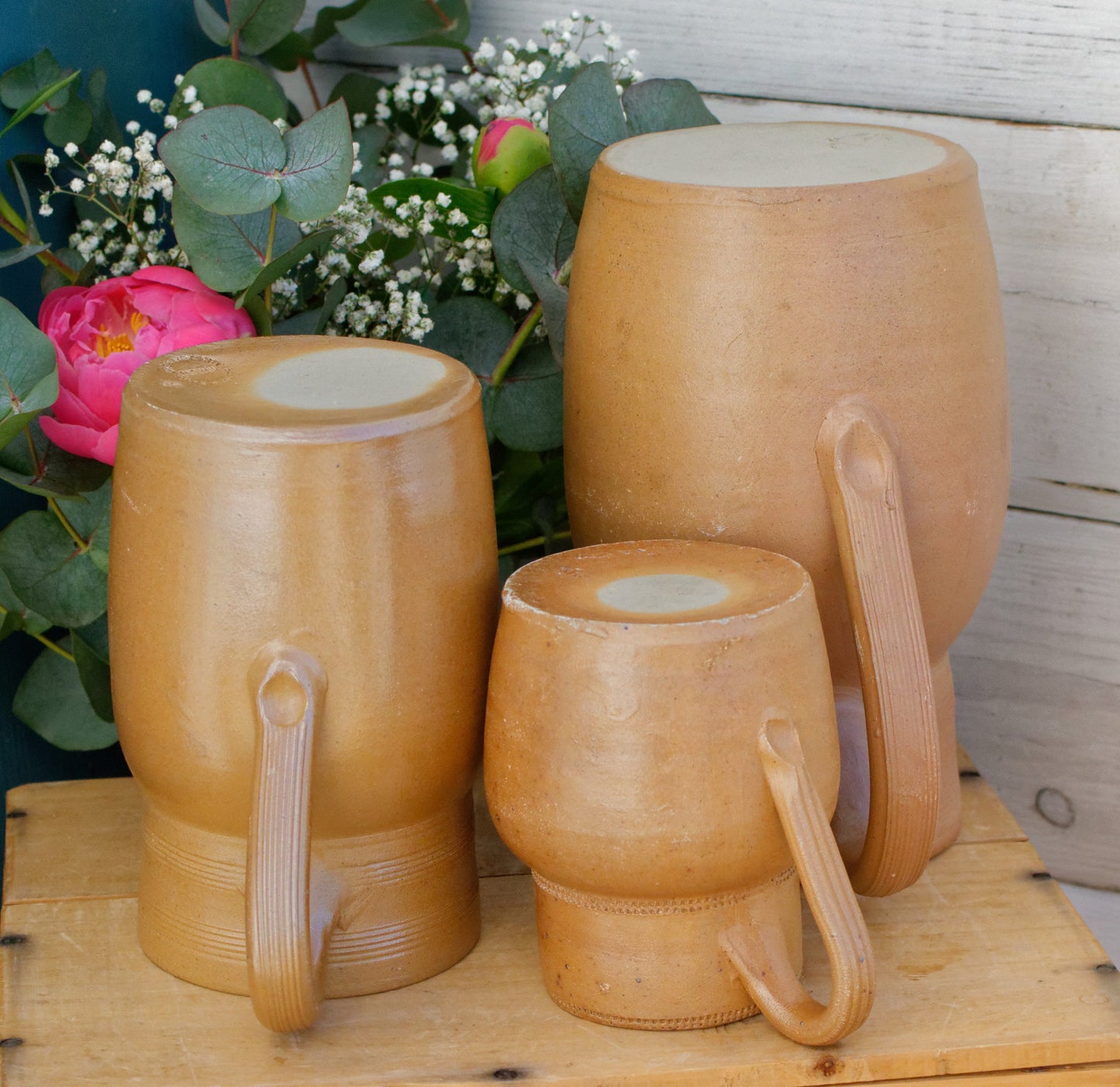 1960s GRES du BERRY Fait Maison Made in France French Vintage Stoneware Clay Pitcher Set of 3 Glazed Sandstone Stoneware Handmade TerraCotta Jug Jarre Cruche Farmhouse Decor