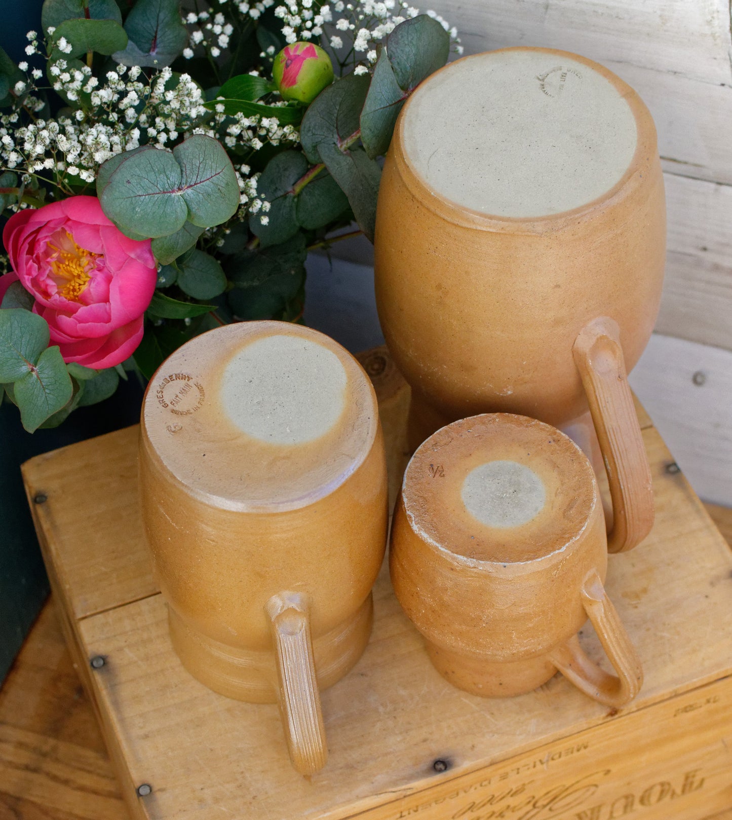 1960s GRES du BERRY Fait Maison Made in France French Vintage Stoneware Clay Pitcher Set of 3 Glazed Sandstone Stoneware Handmade TerraCotta Jug Jarre Cruche Farmhouse Decor