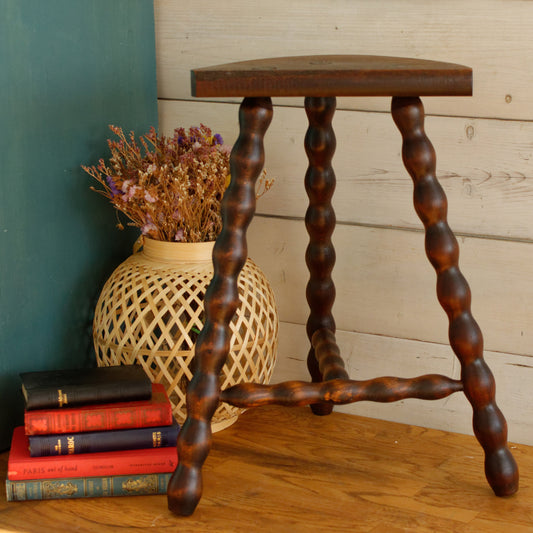 French Vintage 3 Bobbin Style Braced Legs Wooden Stool Tripod Swivel Support Decorative Farmhouse Milk Stool Refurbished