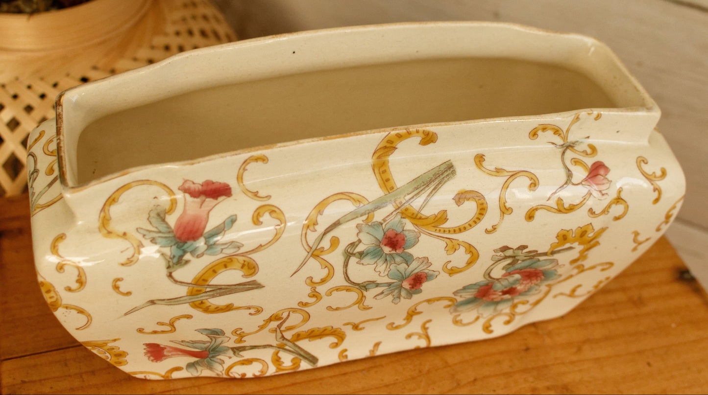 French Antique Ironstone Polychrome Garden Pot Planter Jardiniere ou Cache Pot Glazed Earthenware in Terre de Fer en Faience Sarreguemines