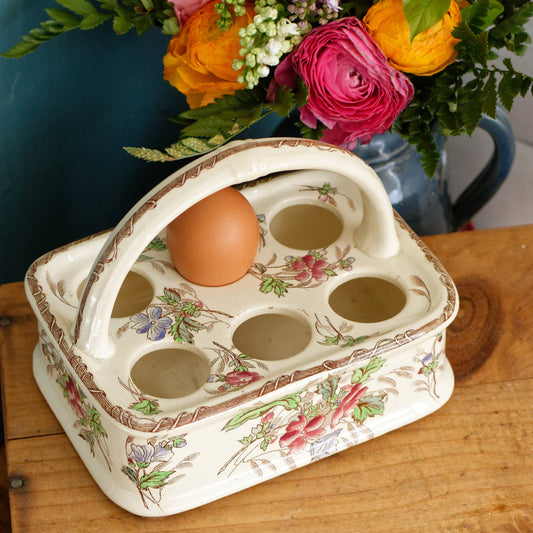 French Antique Polychrome Egg Display Basket Panier à Oeuf Présentoir Coquetier en Faience Ceramic Egg Cup Stand Presentation Egg Caddy